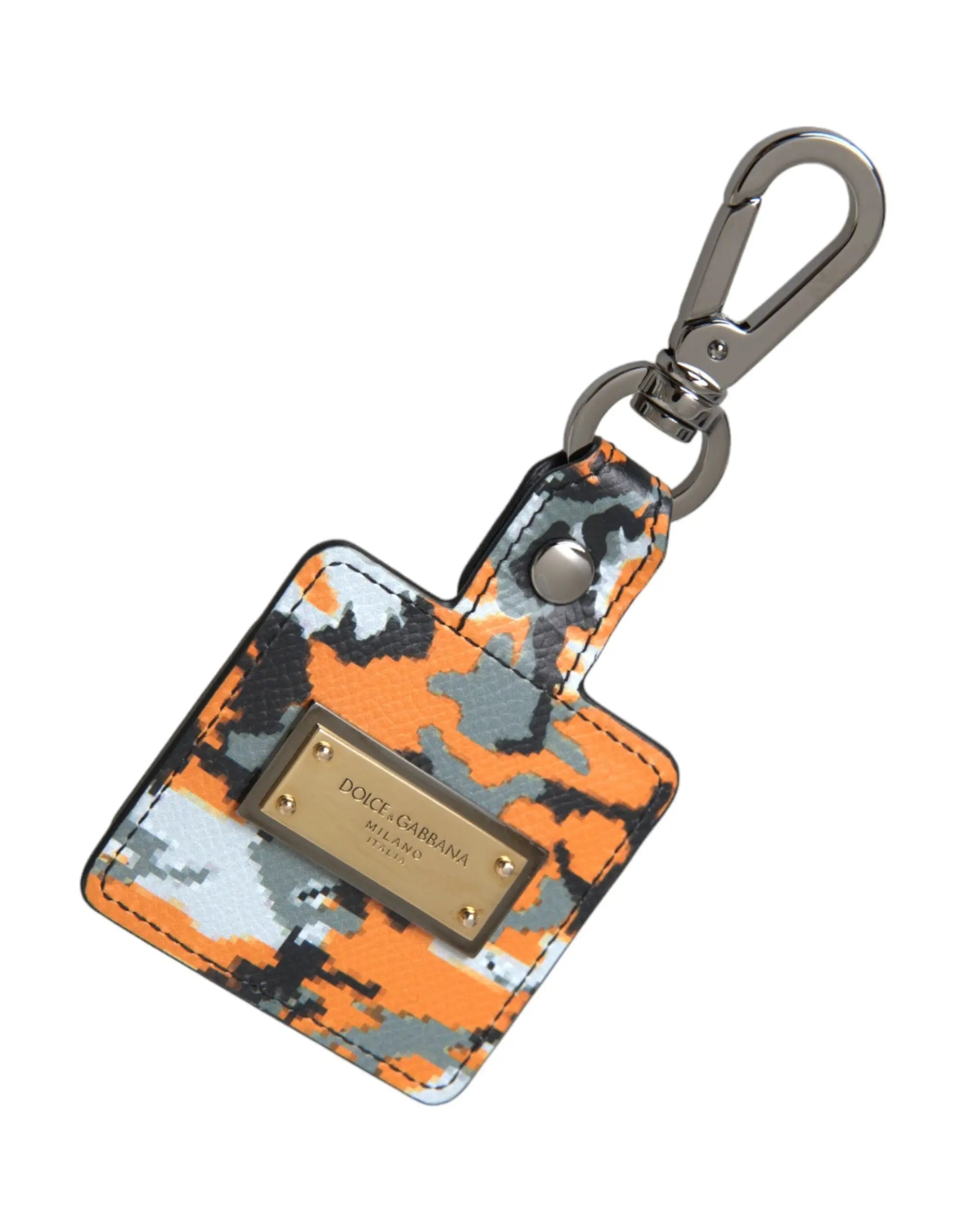 Pochette airpods en cuir à imprimé camouflage multicolore orange gris blanc avec plaque en métal doré dolce & gabbana