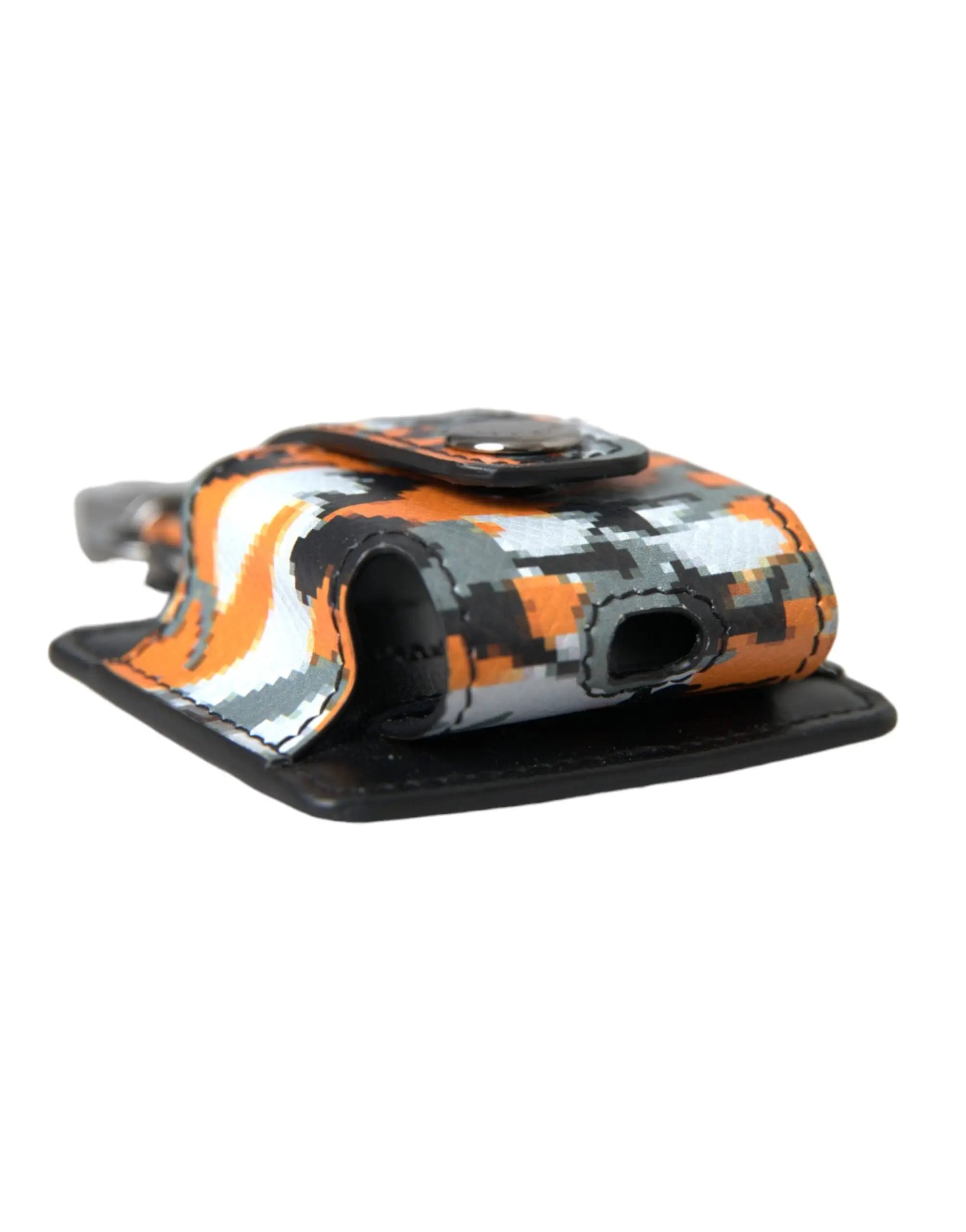 Étui airpods dolce & gabbana en cuir noir avec imprimé camouflage multicolore orange gris et blanc