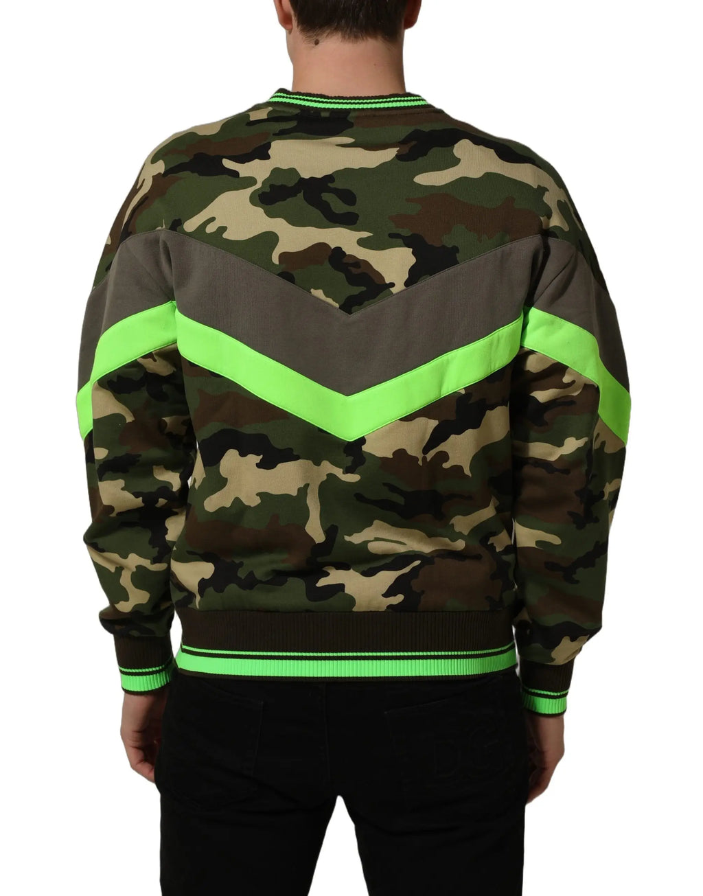 Veste pour homme dolce & gabbana camouflage multicolore avec bandes chevron vert néon au dos et finitions assorties