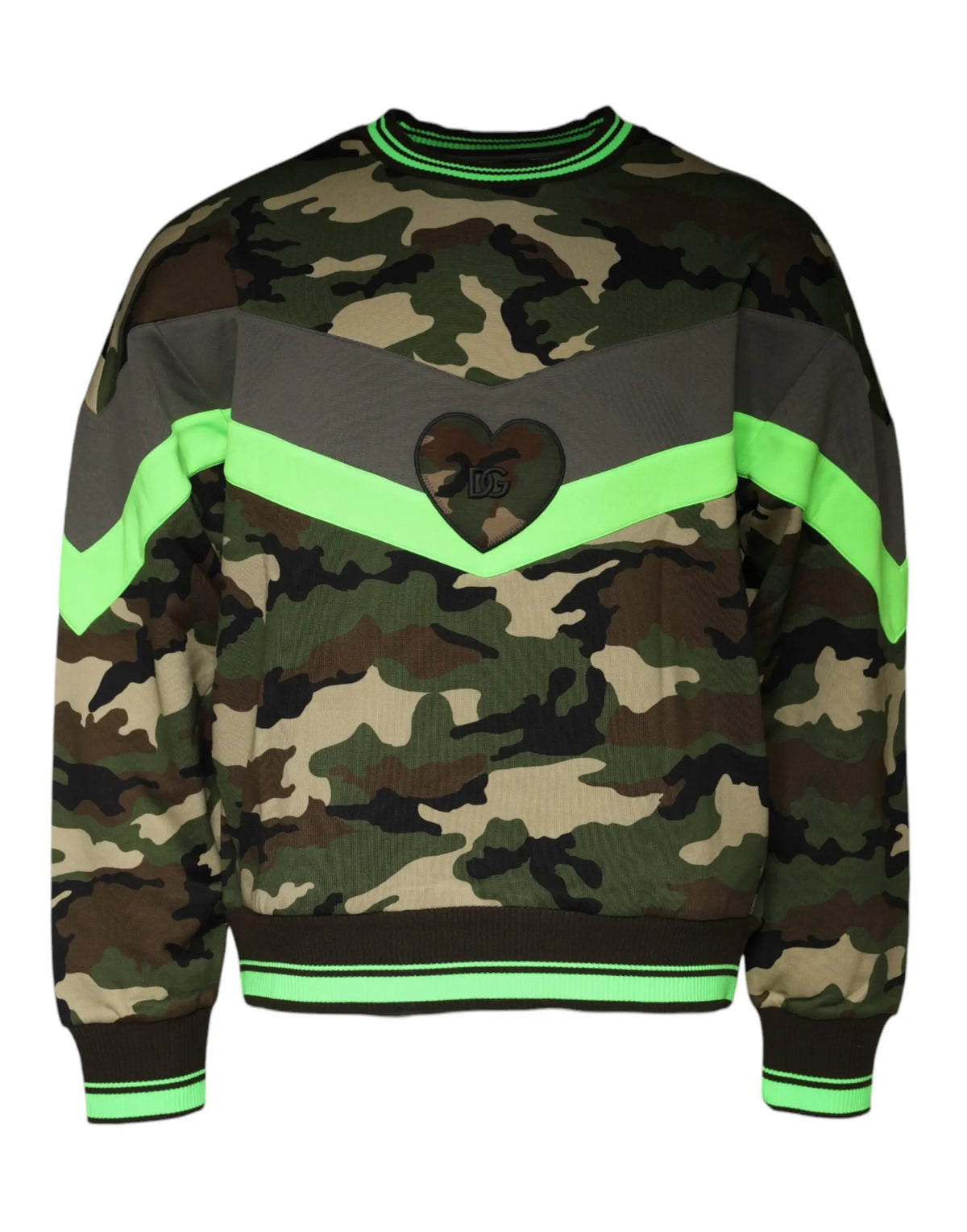 Dolce & gabbana sweat-shirt multicolore camouflage avec accents vert néon et patch cœur sur la poitrine