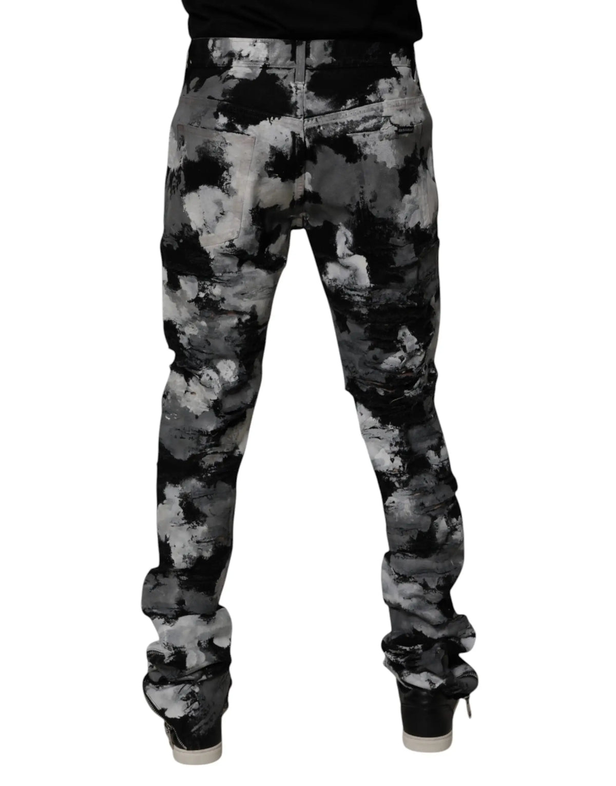 Jeans skinny en denim camouflage multicolore noir et gris avec motifs camouflage et revers roulés dolce gabbana