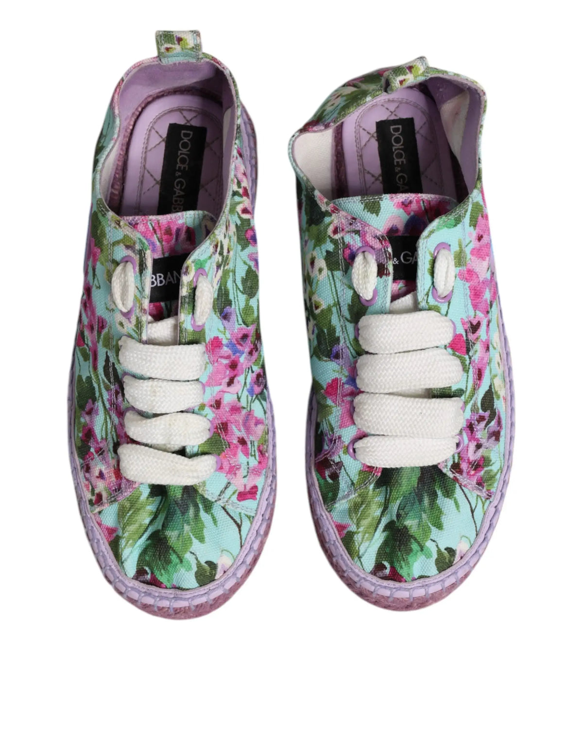 Dolce & gabbana espadrilles multicolores en toile avec motifs floraux blanc et vert menthe avec lacets blancs