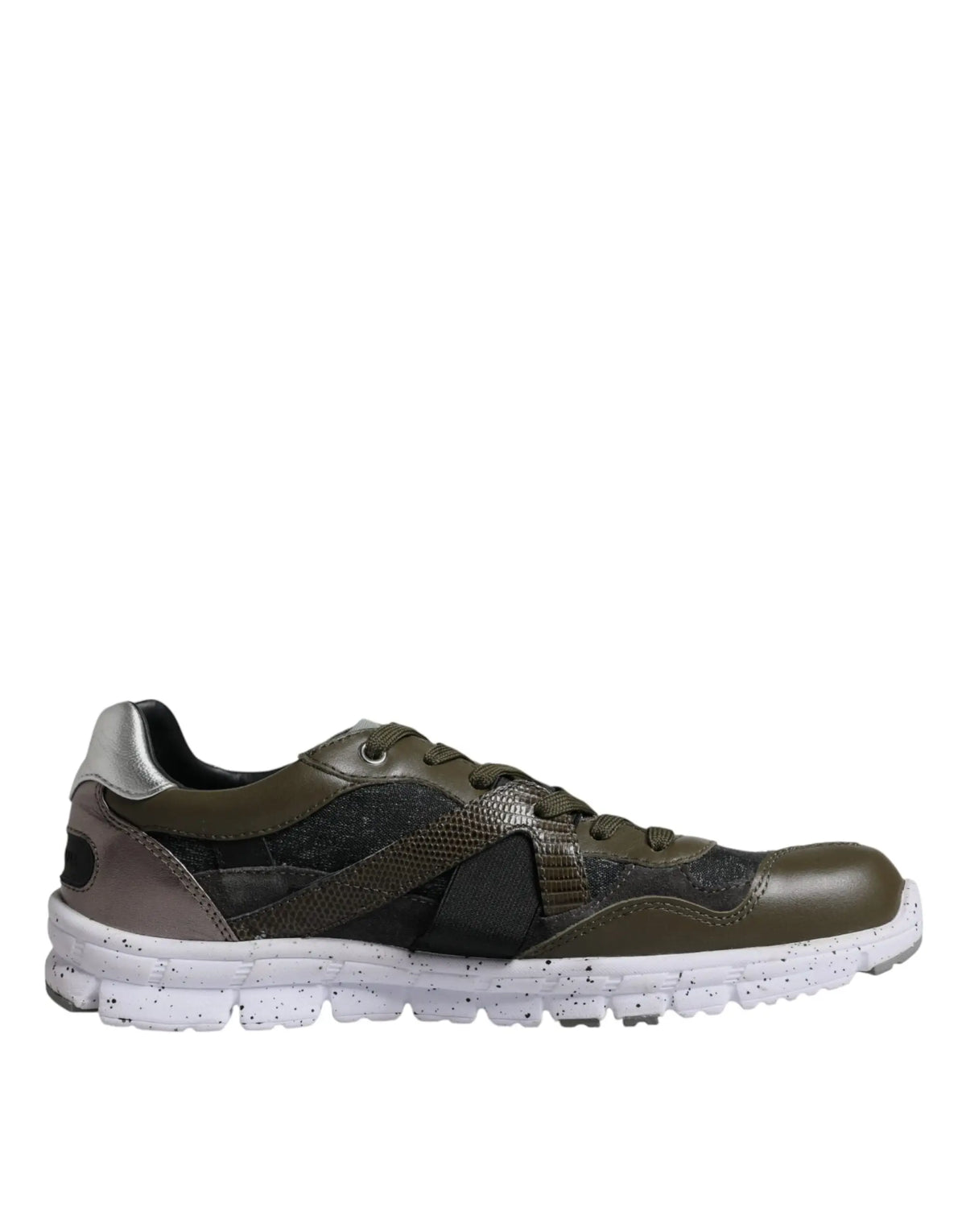 Dolce & gabbana multicolor canvas leather low top sneaker olive green and black with textured leather and metallic silver heel tab