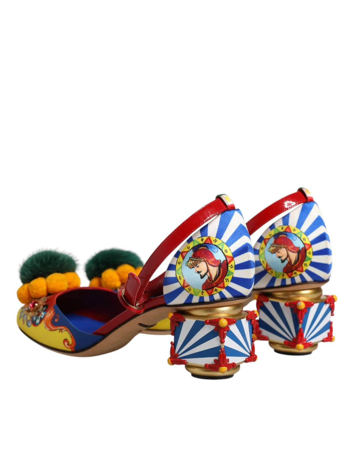 Dolce & gabbana sandales talons hauts multicolores avec design cirque vif pompons verts et illustrations de bouffon