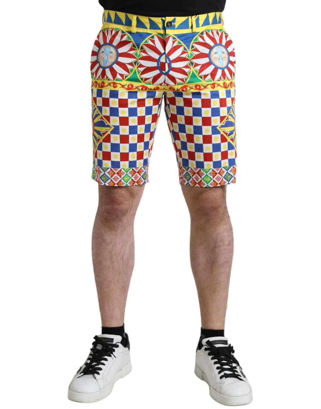 Shorts bermuda multicolores dolce et gabbana avec imprimé carretto et motifs géométriques vibrants aux poches avant