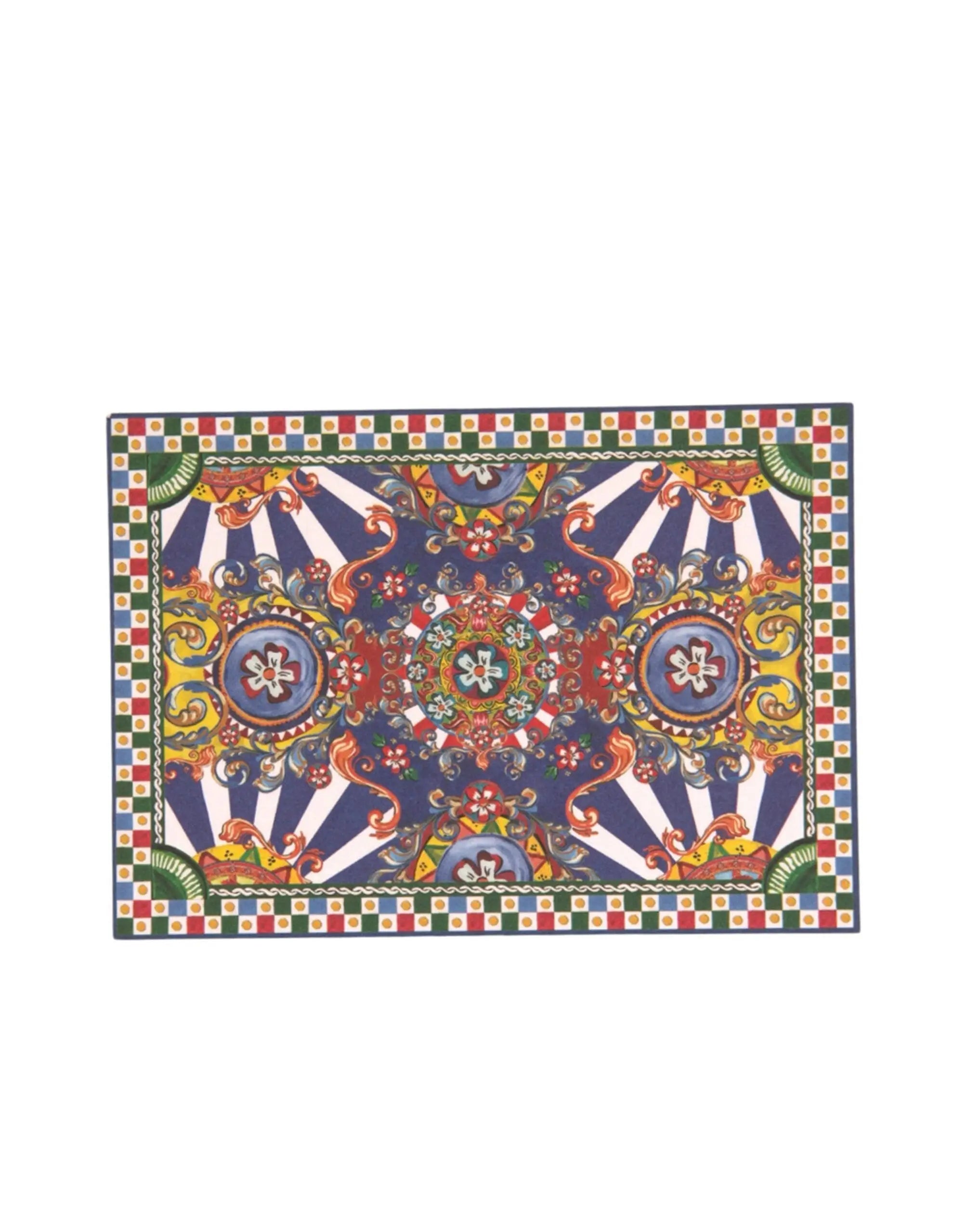 Vibrant dolce & gabbana multicolor carretto siciliano envelope post card holder with bold patterned rectangular placemat design in navy blue red gold and white