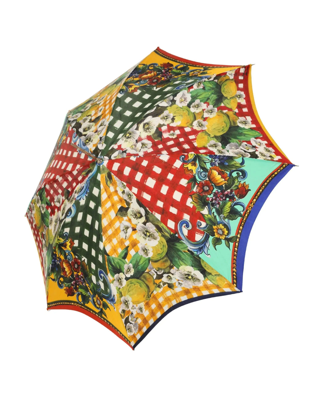 Parapluie pliable dolce gabbana multicolore avec motif carretto siciliano en patchwork vif rouge jaune vert bleu avec citrons et fleurs
