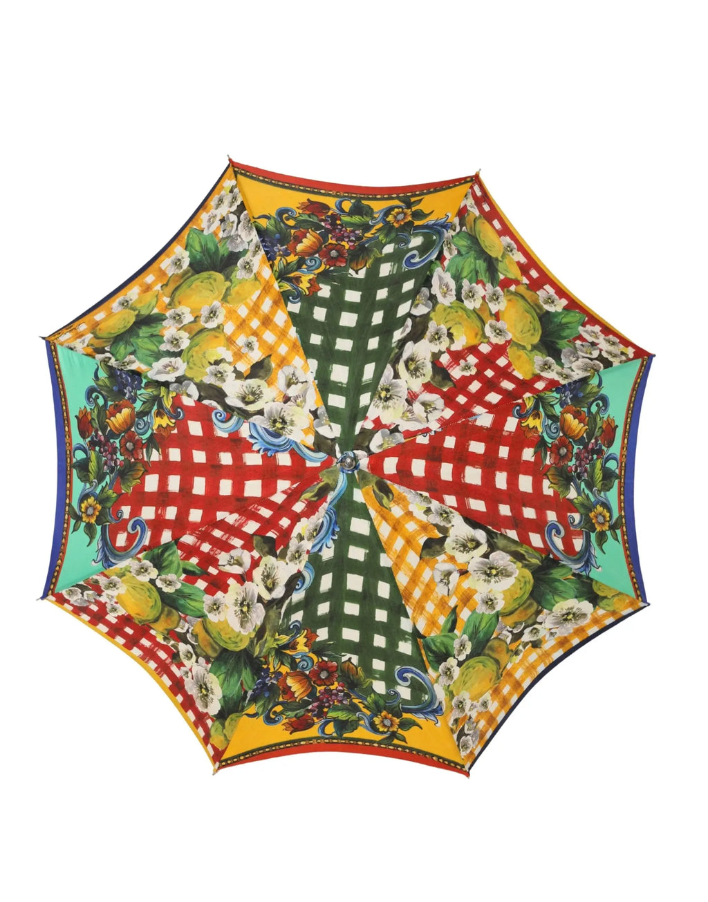 Dolce & gabbana parapluie pliable multicolore avec design patchwork vif, carreaux vichy rouges et verts et motifs floraux citronnés