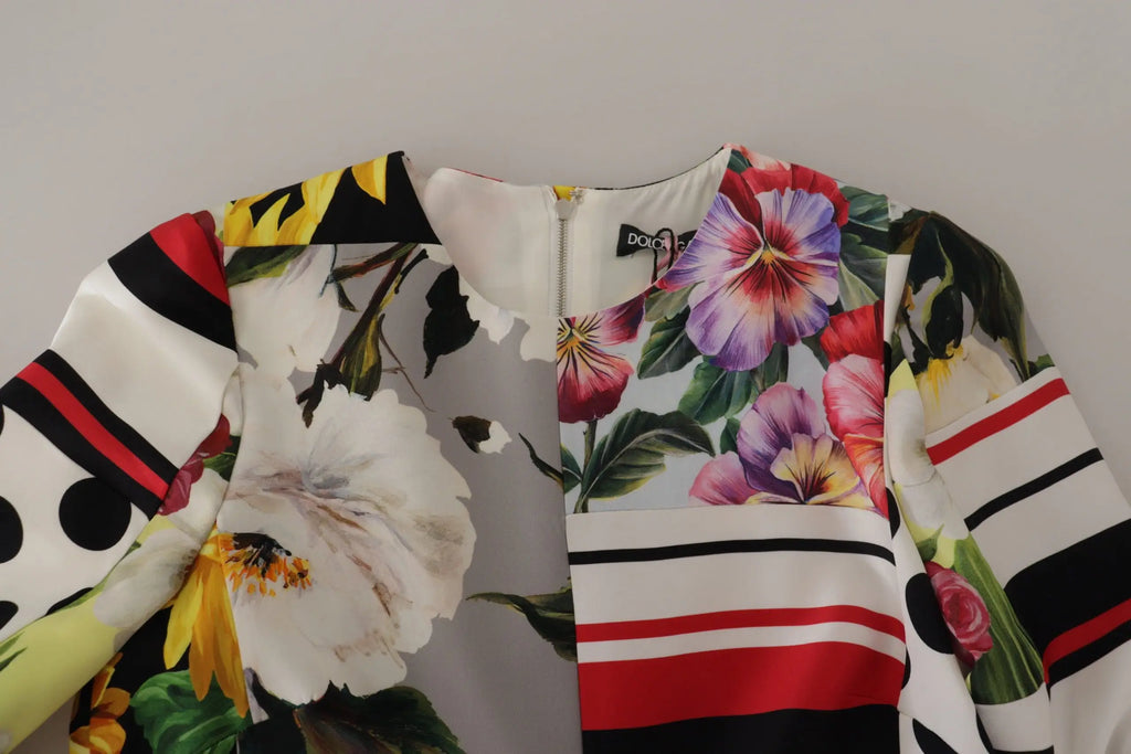 Robe fourreau dolce & gabbana en charmuese multicolore avec imprimé floral vibrant rayures et pois noir blanc rouge jaune violet