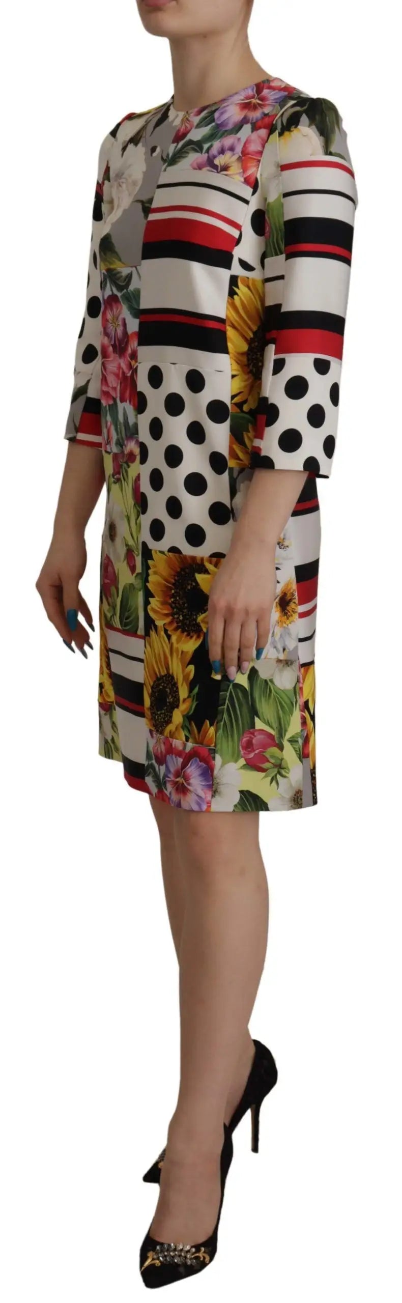 Robe fourreau en jacquard charmeuse multicolore dolce & gabbana avec imprimé floral audacieux de tournesols et pois