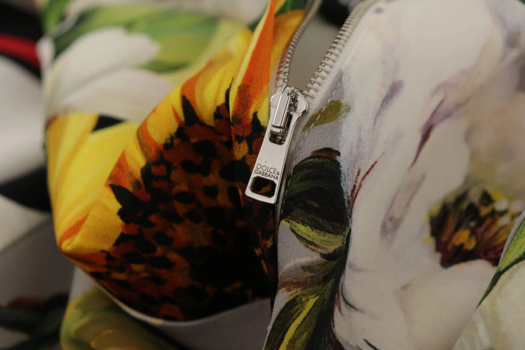 Fermeture éclair argentée dolce & gabbana sur robe fourreau multicolore en jaquard charmeuse à imprimé floral tournesol
