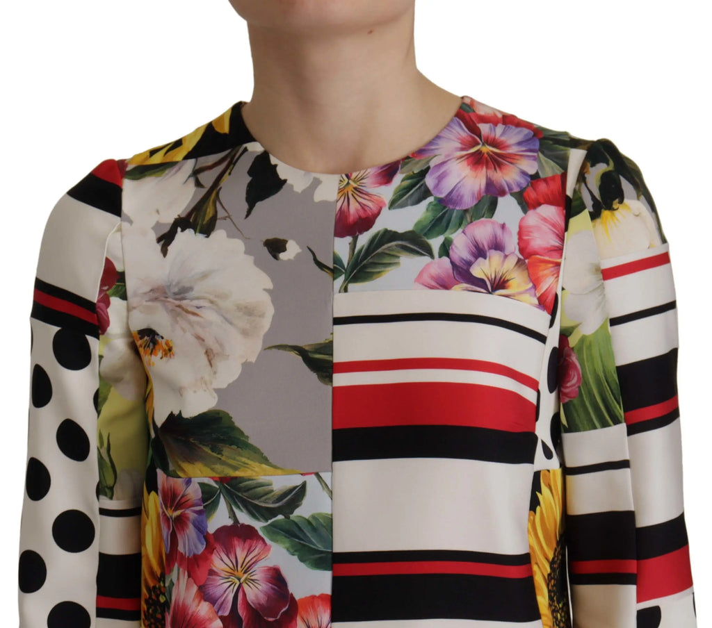 Dolce & Gabbana robe multicolore en charmeuse à patchwork floral violet rose rayures noires blanches rouge
