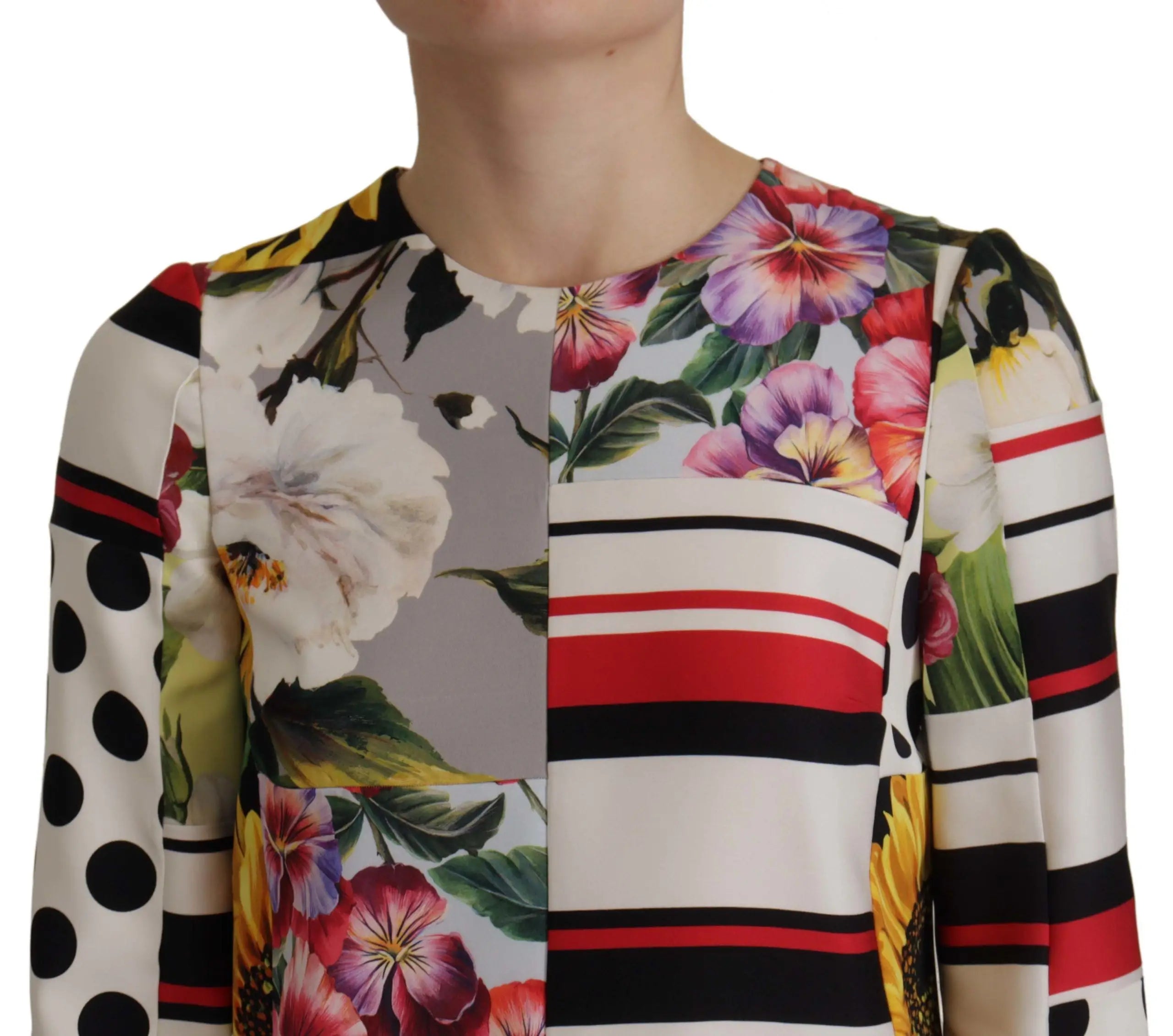 Dolce & Gabbana robe multicolore en charmeuse à patchwork floral violet rose rayures noires blanches rouge
