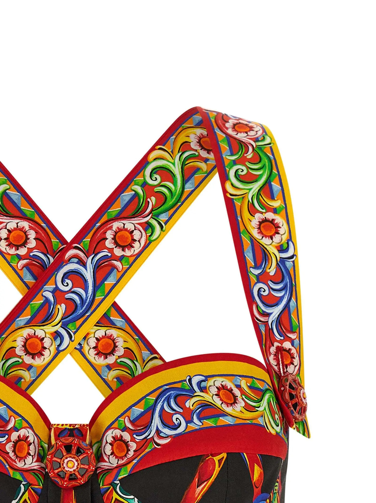 Bretelles colorées et détaillées avec motifs floraux et tourbillons multicolores sur blouse en coton dolce & gabbana