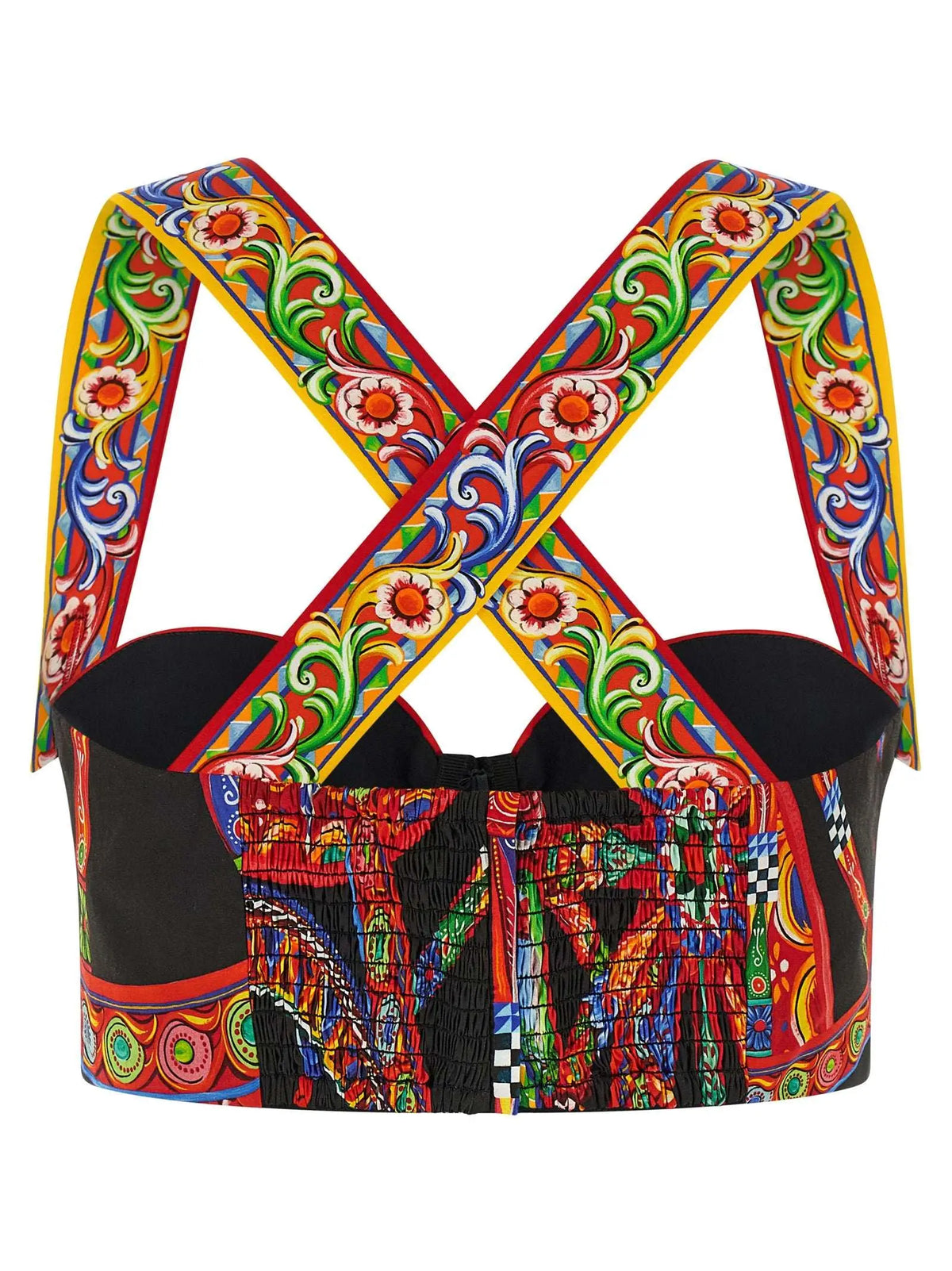 Vibrant cropped cotton blouse by dolce & gabbana with colorful folk-art motifs and bold cross-back straps visible from back