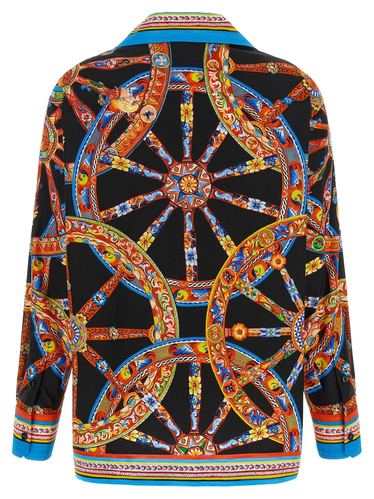 Veste dolce & gabbana noire en coton avec motif coloré complexe de roues ornées orange bleu et or avec accents floraux