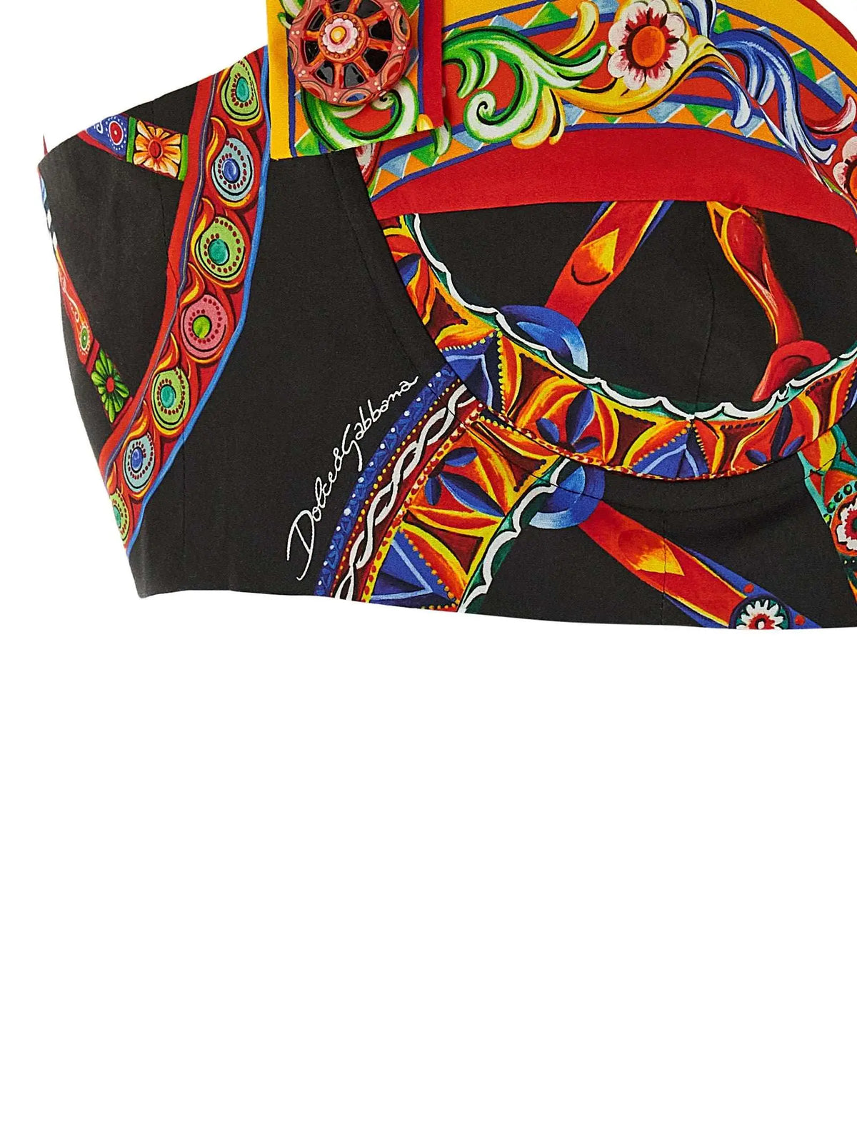 Blouse en coton dolce gabbana noire avec motif folklorique multicolore floral et géométrique vibrant