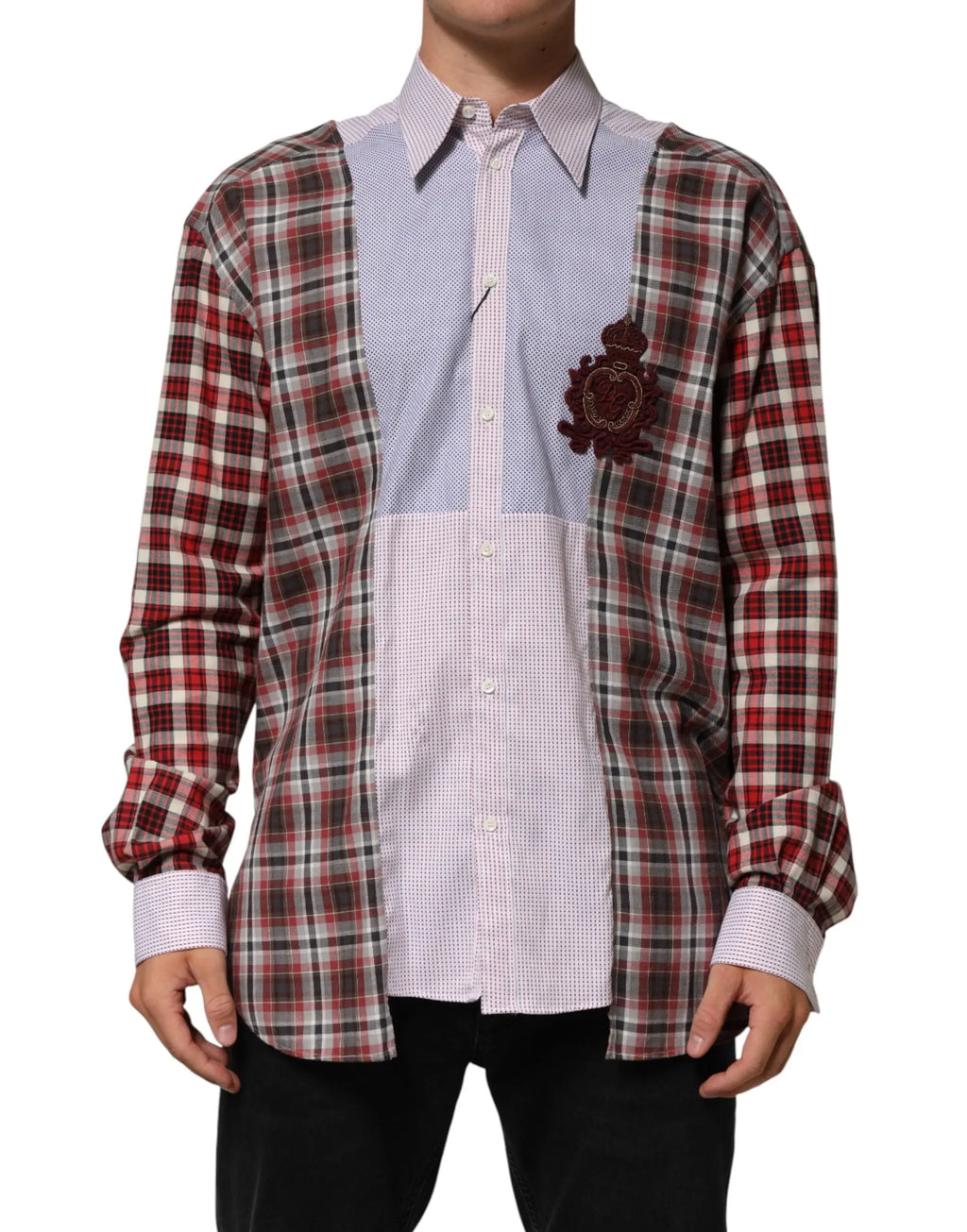 Chemise à manches longues dolce & gabbana en coton multicolore à carreaux avec empiècements rouge vert blanc et blason brodé
