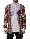 Chemise à manches longues dolce & gabbana en coton multicolore à carreaux avec empiècements rouge vert blanc et blason brodé