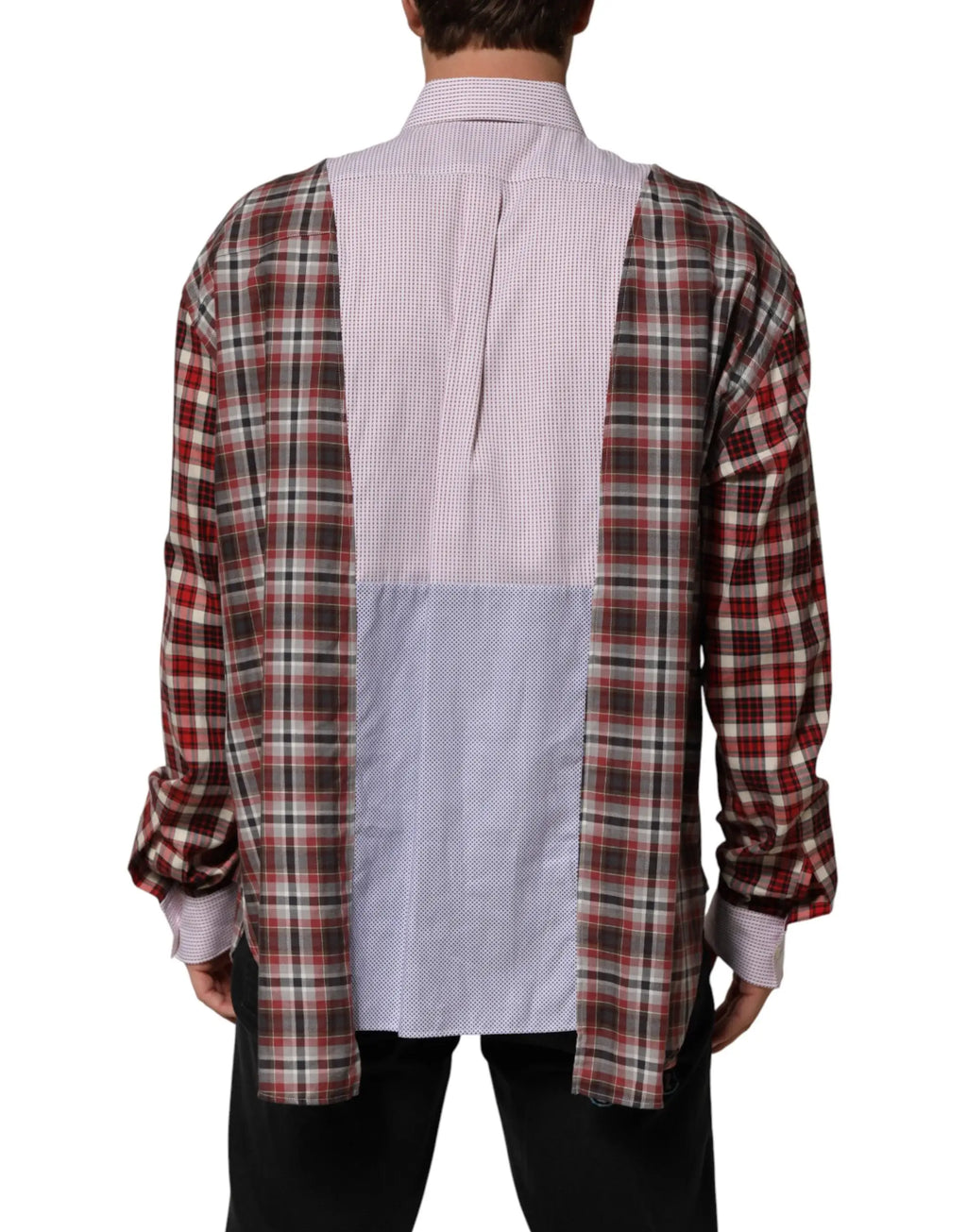Chemise à manches longues patchwork dolce & gabbana en coton avec manches à carreaux rouge et vert et panneaux rayés rose et vichy bleu pâle