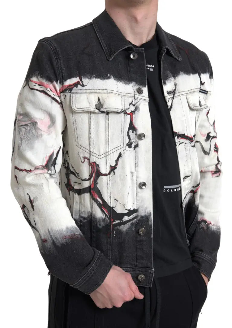 Veste en jean dolce gabbana multicolore en coton avec col et peinture éclaboussée rouge et noire abstraite