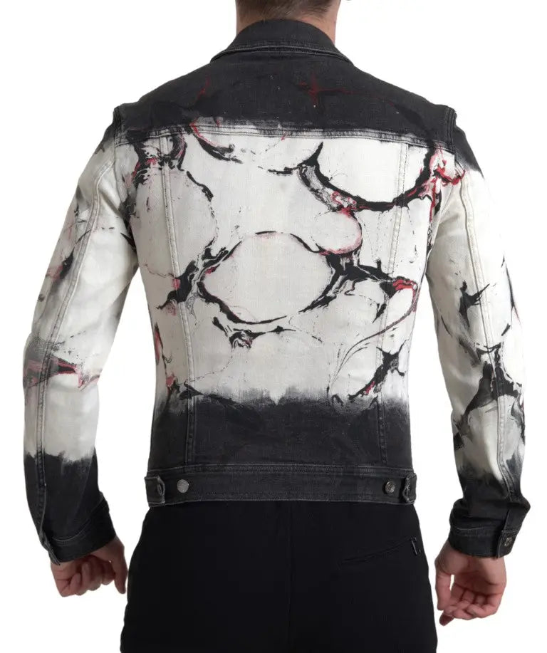 Veste en denim noir et blanc dolce & gabbana multicolore en coton avec col et motif éclaboussures abstraites rouges et noires