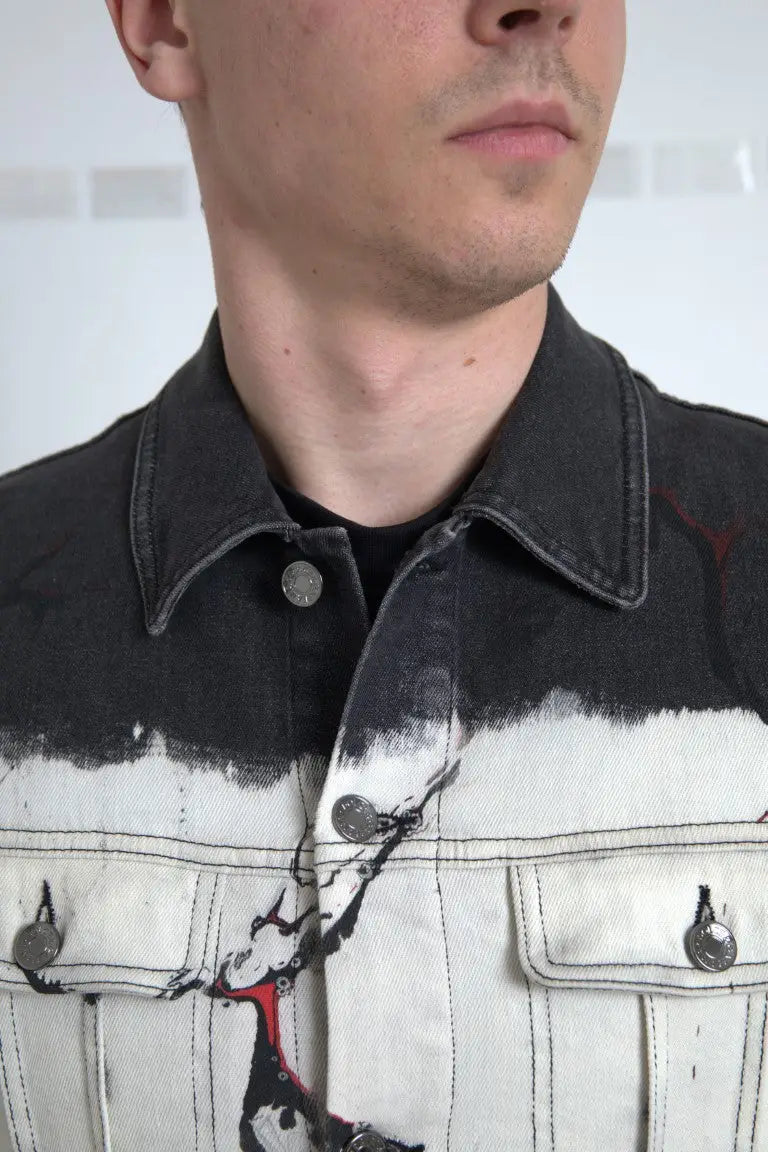 Veste en jean dolce & gabbana en coton noir et blanc avec design graphique abstrait et accents rouges