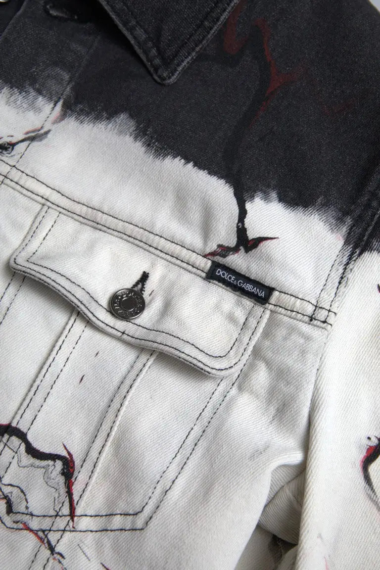 Veste en jean dolce & gabbana multicolore en coton tie-dye noir et blanc avec éclaboussures rouges et étiquette poitrine
