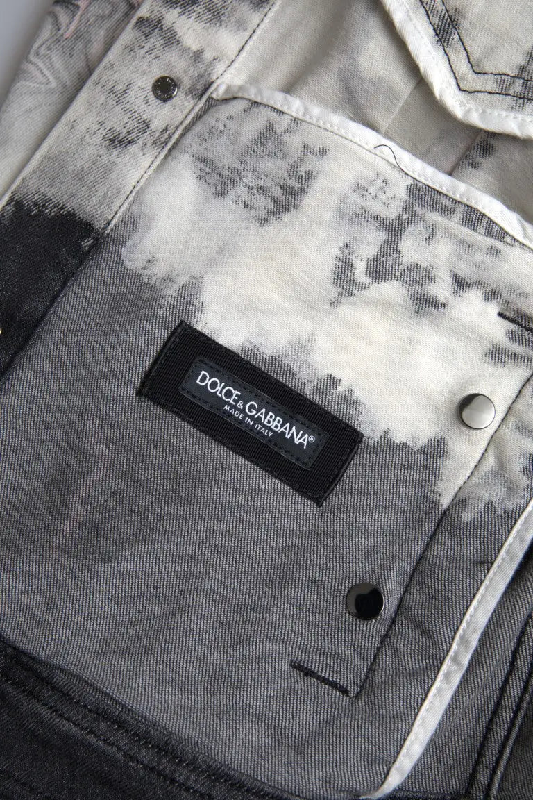 Veste en denim coton multicolore dolce gabbana avec effet tie and dye noir et blanc et col classique