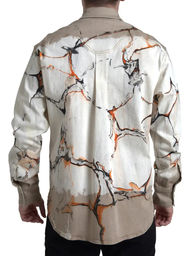 Chemise western crème en coton dolce & gabbana avec motif craquelé orange et noir audacieux