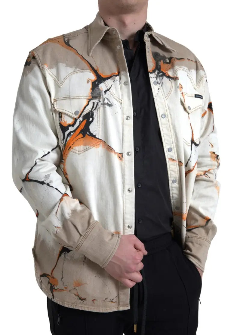 Chemise en denim crème dolce & gabbana avec motif abstrait orange et noir en coton à col classique