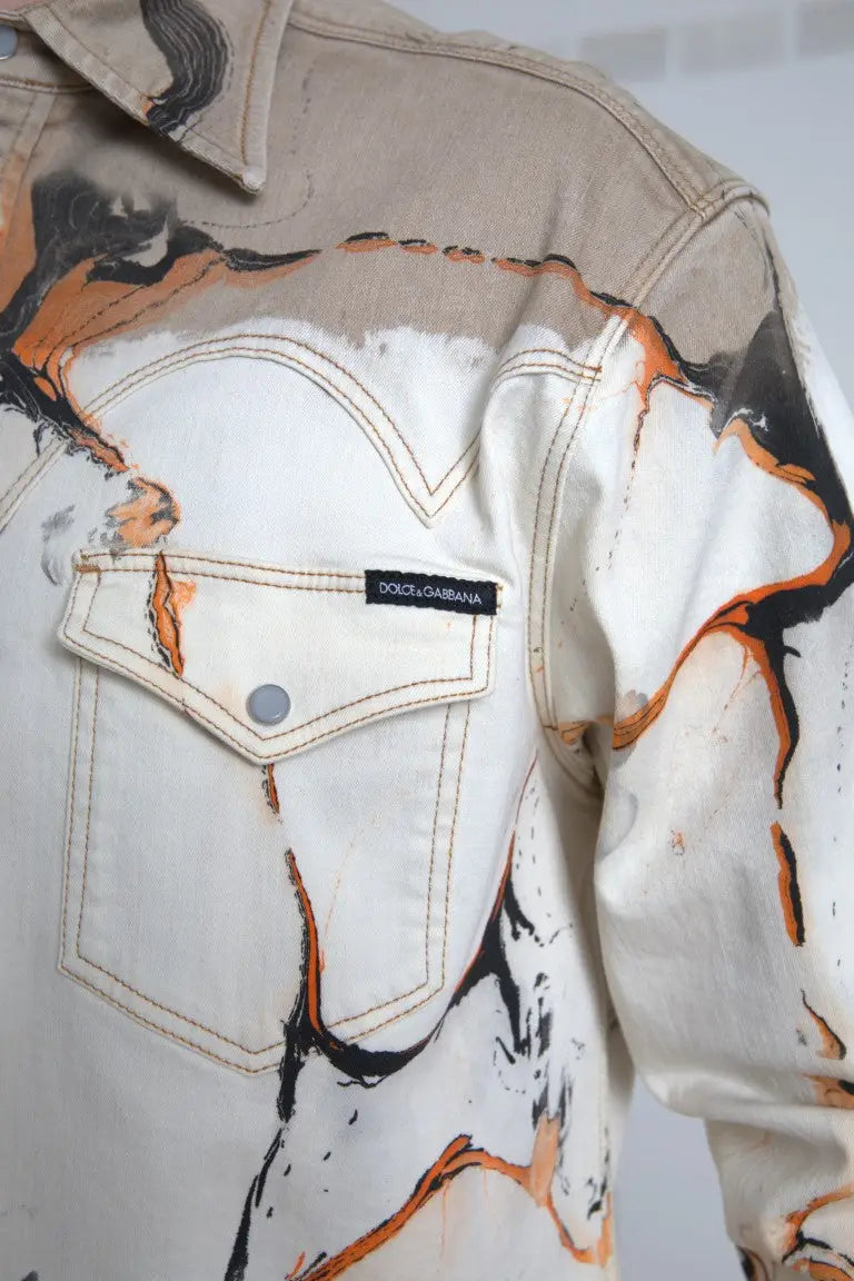 Dolce & gabbana chemise en denim beige et blanc avec motif abstrait orange et noir en coton col classique