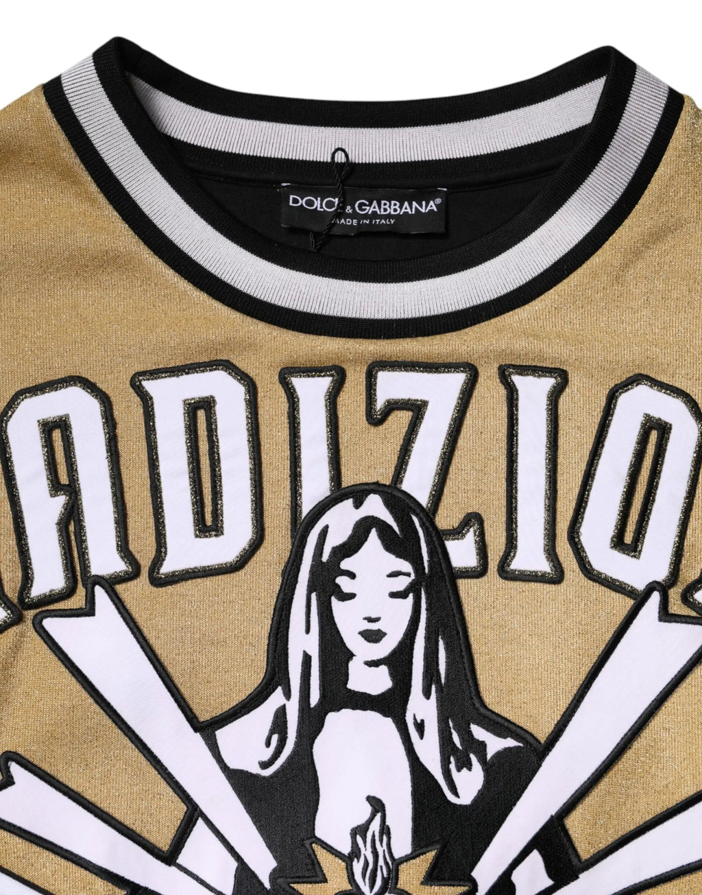 Dolce & gabbana pull en coton multicolore avec t-shirt doré à motif femme stylisée noir et blanc et lettres adizio