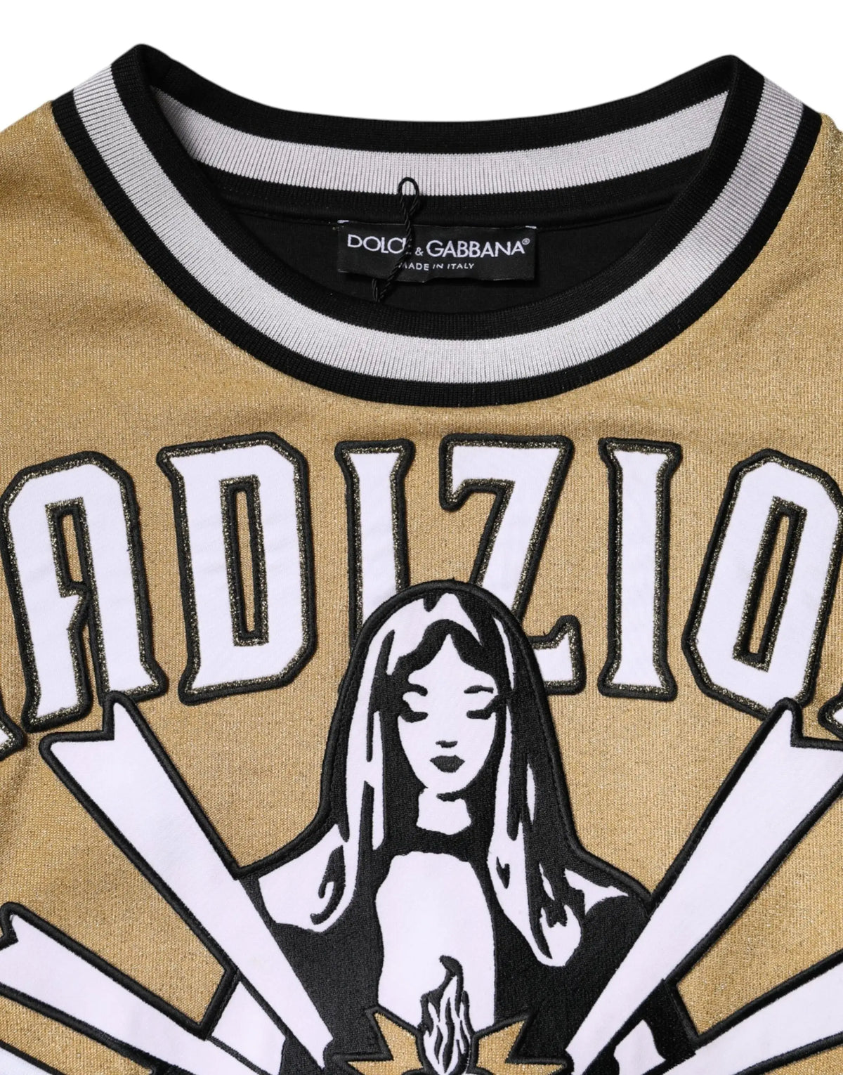 Dolce & gabbana pull en coton multicolore avec t-shirt doré à motif femme stylisée noir et blanc et lettres adizio