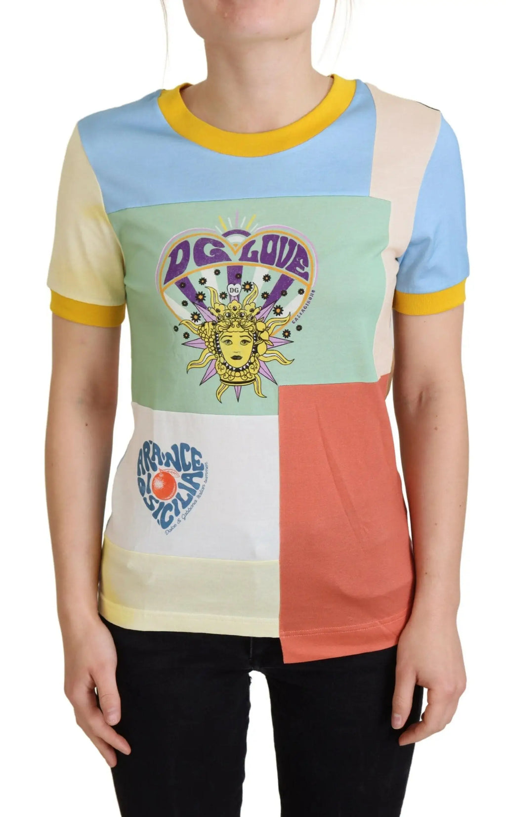 T-shirt femme dolce & gabbana en coton multicolore avec design rétro patchwork vibrant et panneaux contrastés