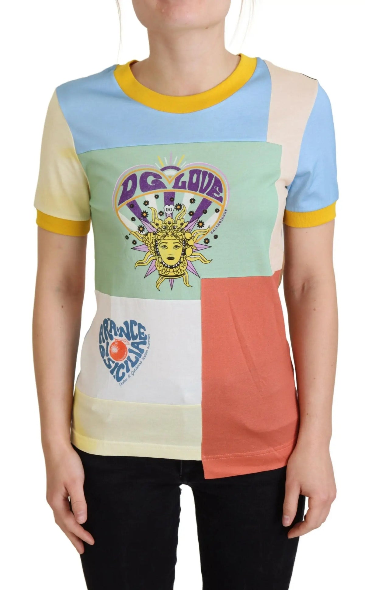 T-shirt femme dolce & gabbana en coton multicolore avec design rétro patchwork vibrant et panneaux contrastés
