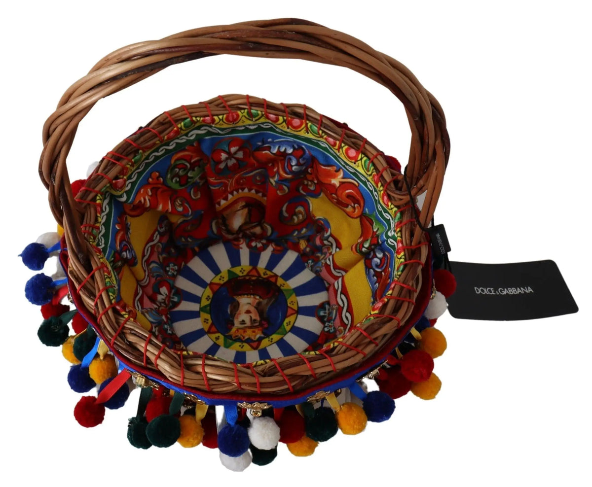Panier tote bag dolce & gabbana peint à la main en céramique multicolore avec anse tressée et pompons colorés