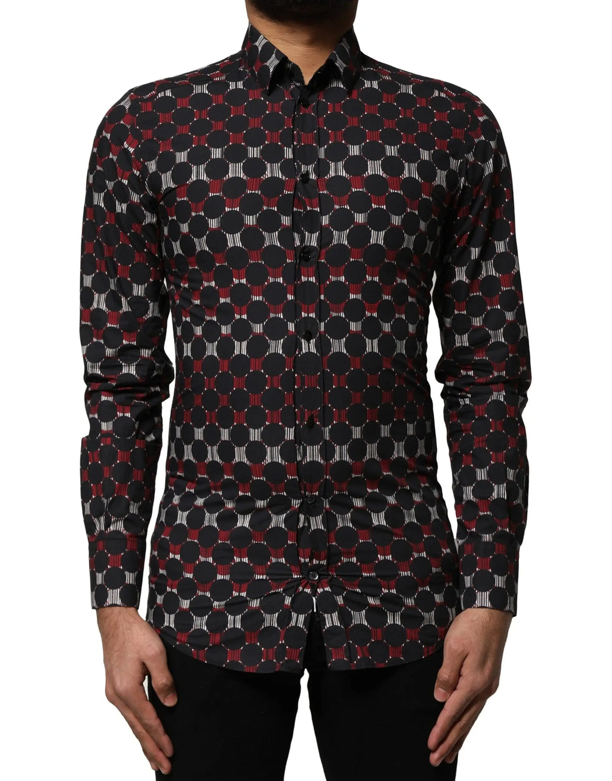 Dolce & Gabbana chemise homme manches longues coton multicolore motifs géométriques cercles noir rouge gris