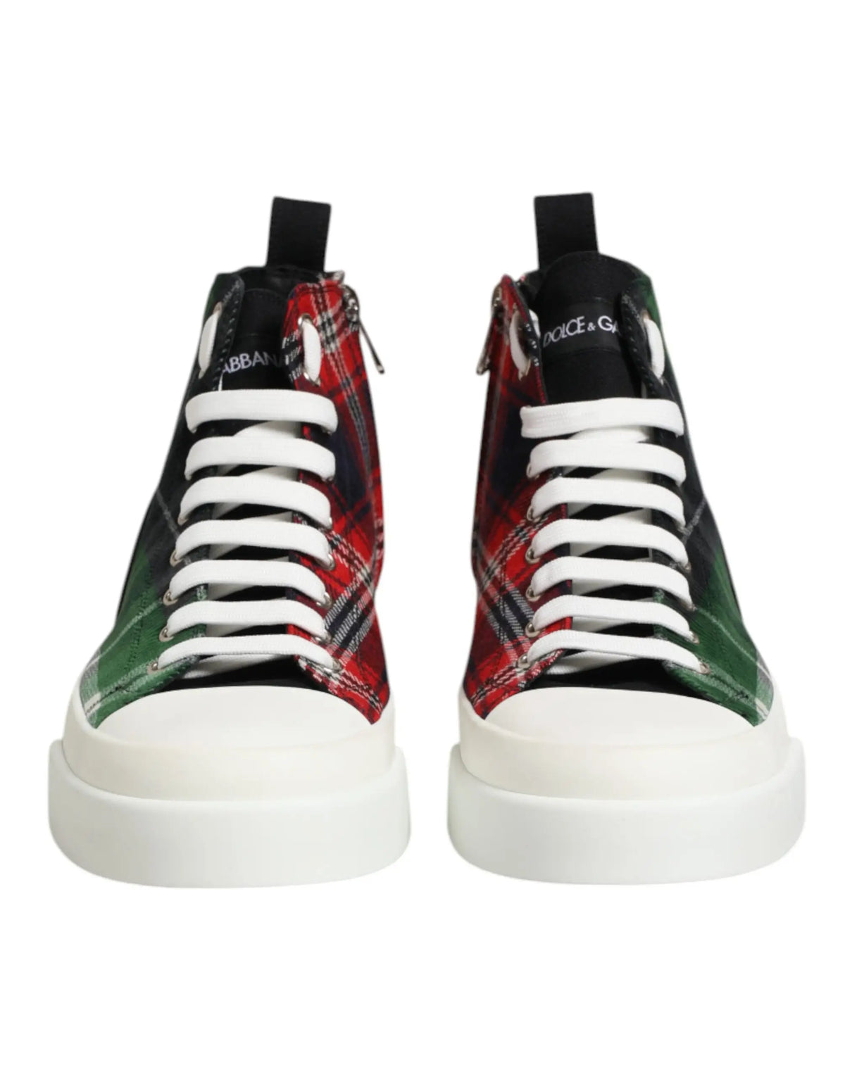 Dolce & gabbana baskets montantes homme en coton multicolores avec motif tartan rouge et vert et semelle blanche épaisse