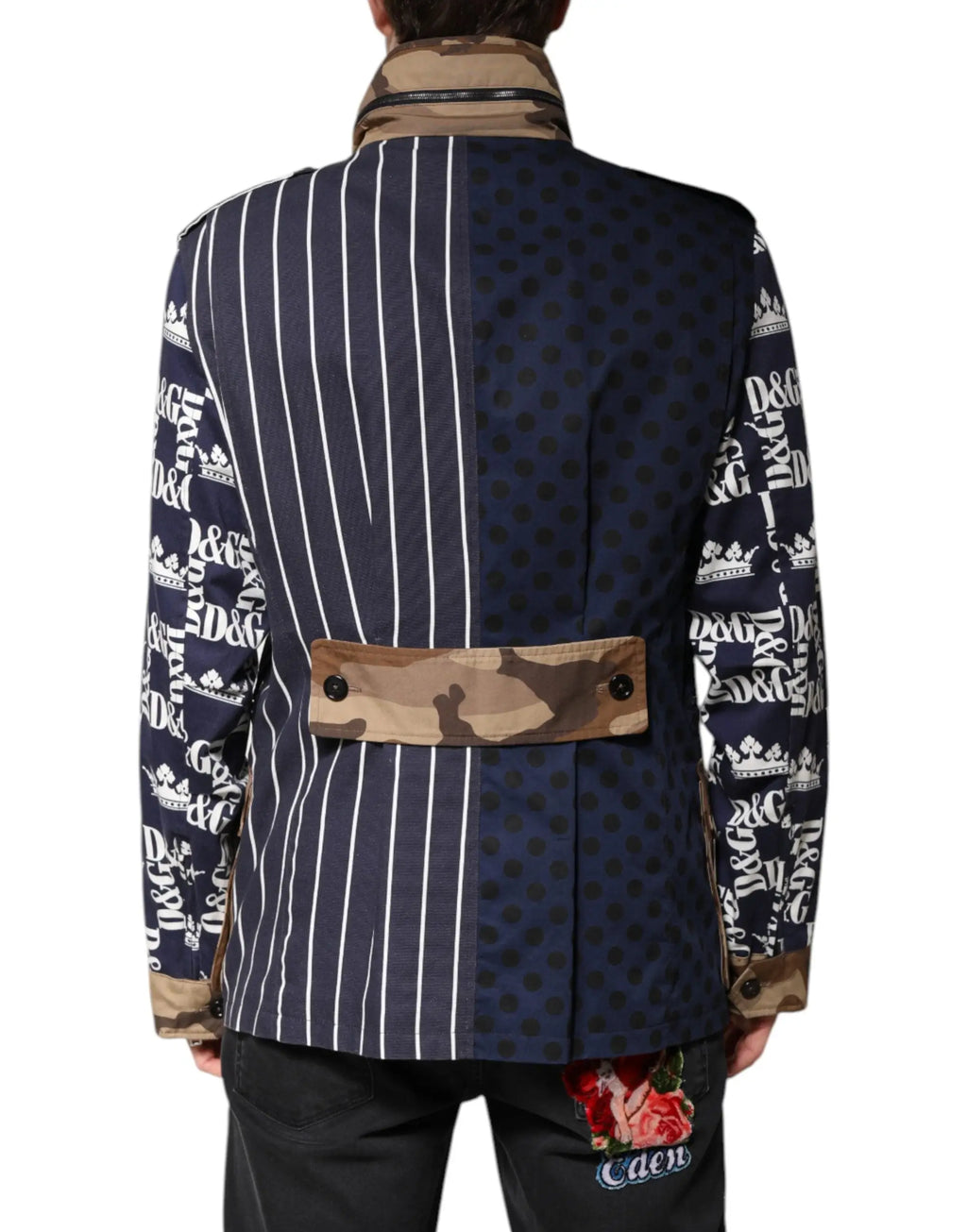 Blazer dolce & gabbana en coton multicolore à rayures bleu marine et blanches avec panneaux à pois et logos d&g sur les manches