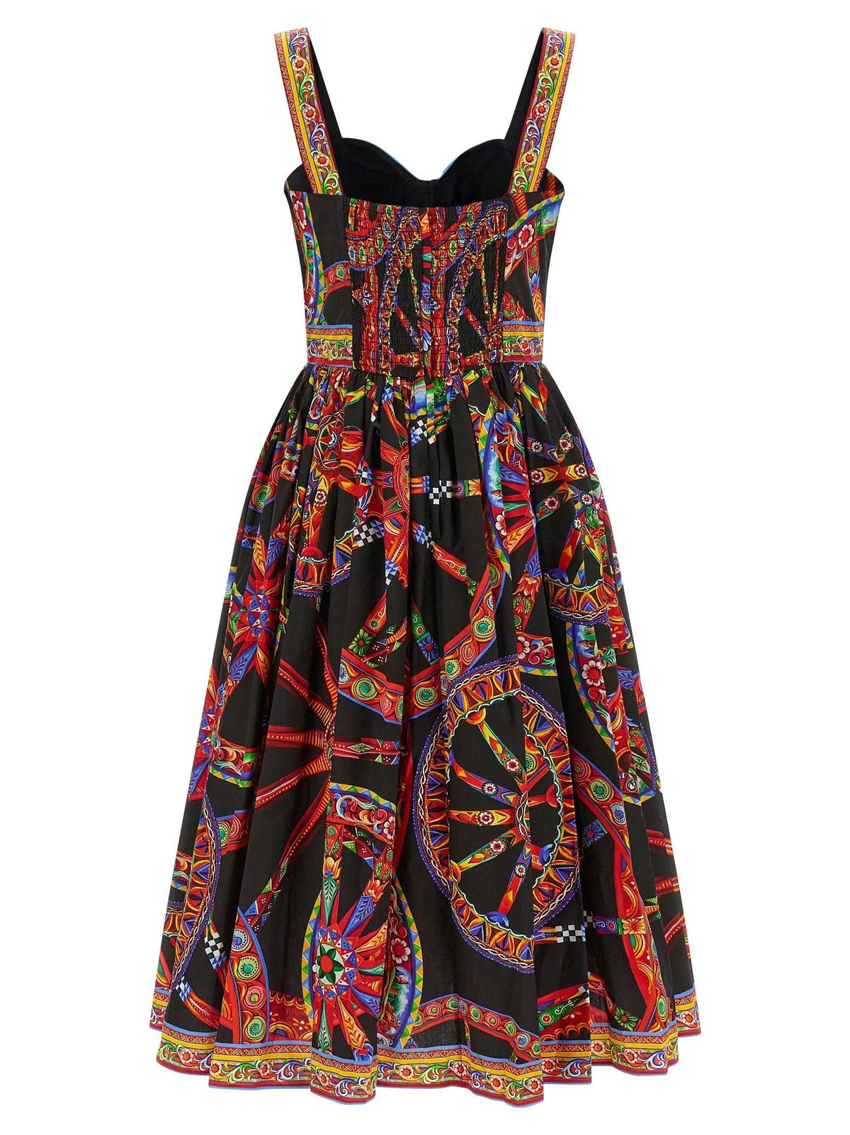 Robe midi multicolore dolce gabbana en satin noir avec motif coloré de roues et formes géométriques rouges dorées bleues vertes