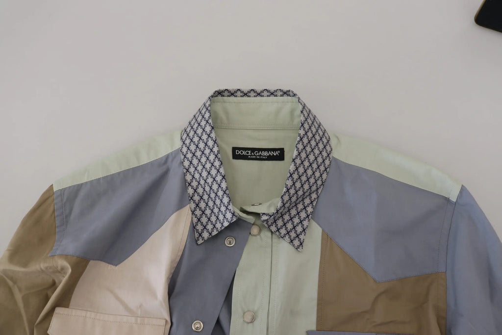 Chemise homme dolce & gabbana en coton multicolore patchwork beige gris vert clair avec col patterned noir et blanc