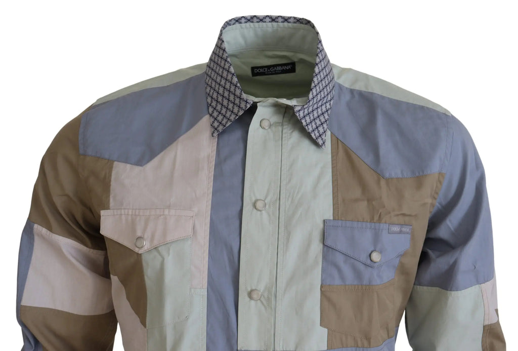 Chemise slim patchwork multicolore dolce & gabbana en coton avec poches poitrine beige bleu clair et taupe
