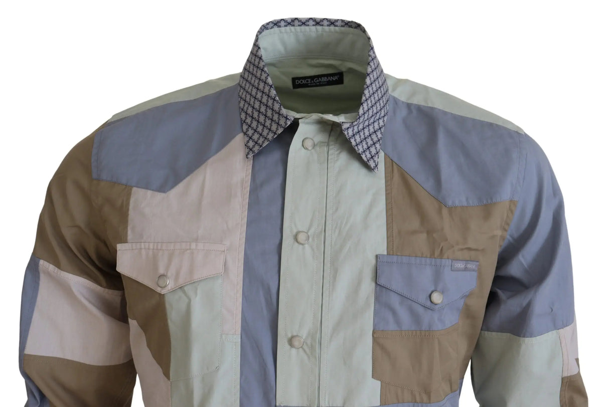 Chemise slim patchwork multicolore dolce & gabbana en coton avec poches poitrine beige bleu clair et taupe