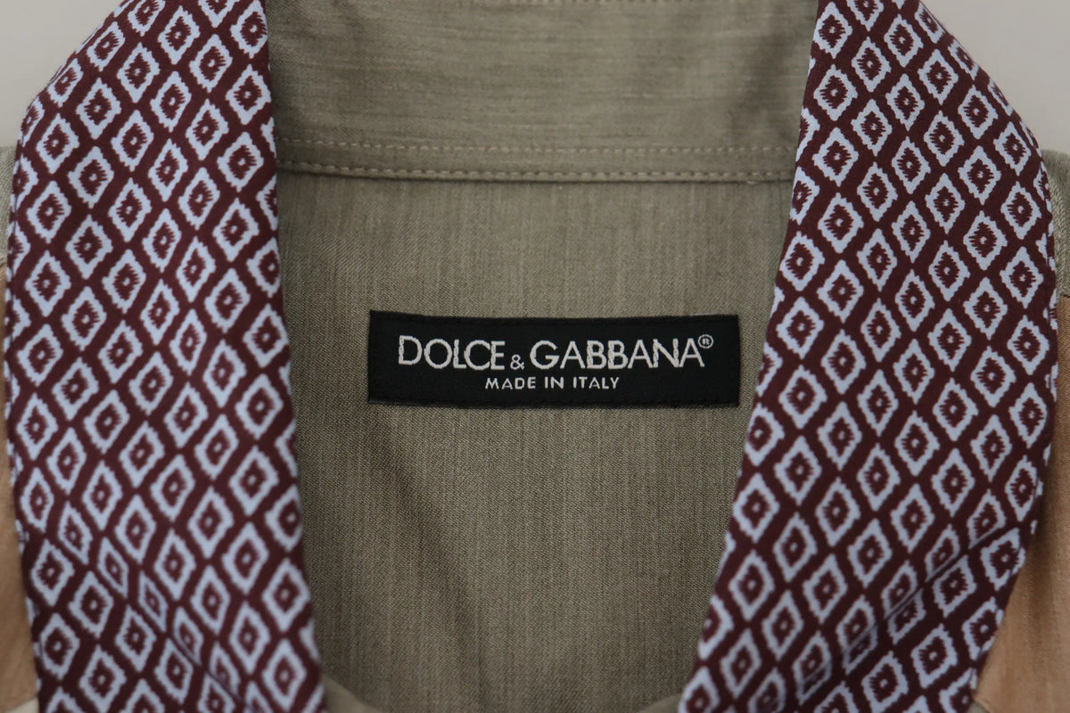 Chemise slim dolce gabbana en coton beige avec col géométrique marron et blanc patchwork multicolore