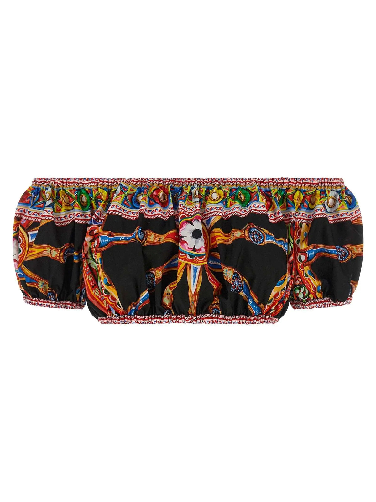 Top bandeau noir épaules dénudées en coton dolce gabbana motif baroque multicolore or rouge bleu vert