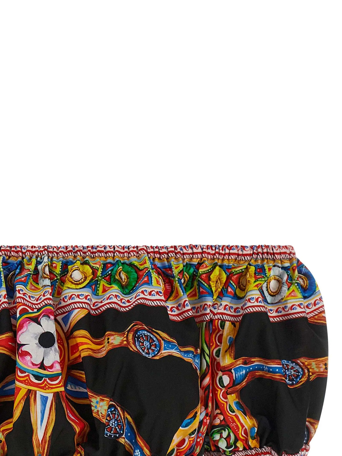 Top noir dolce gabbana à manches tombantes avec motif baroque coloré et ceinture élastique volantée en coton multicolore