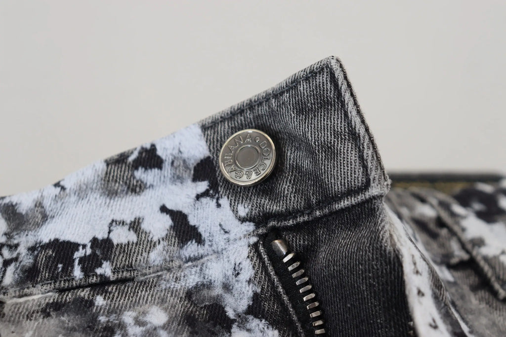 Dolce & gabbana jean skinny en coton denim tie dye noir et blanc avec bouton argenté