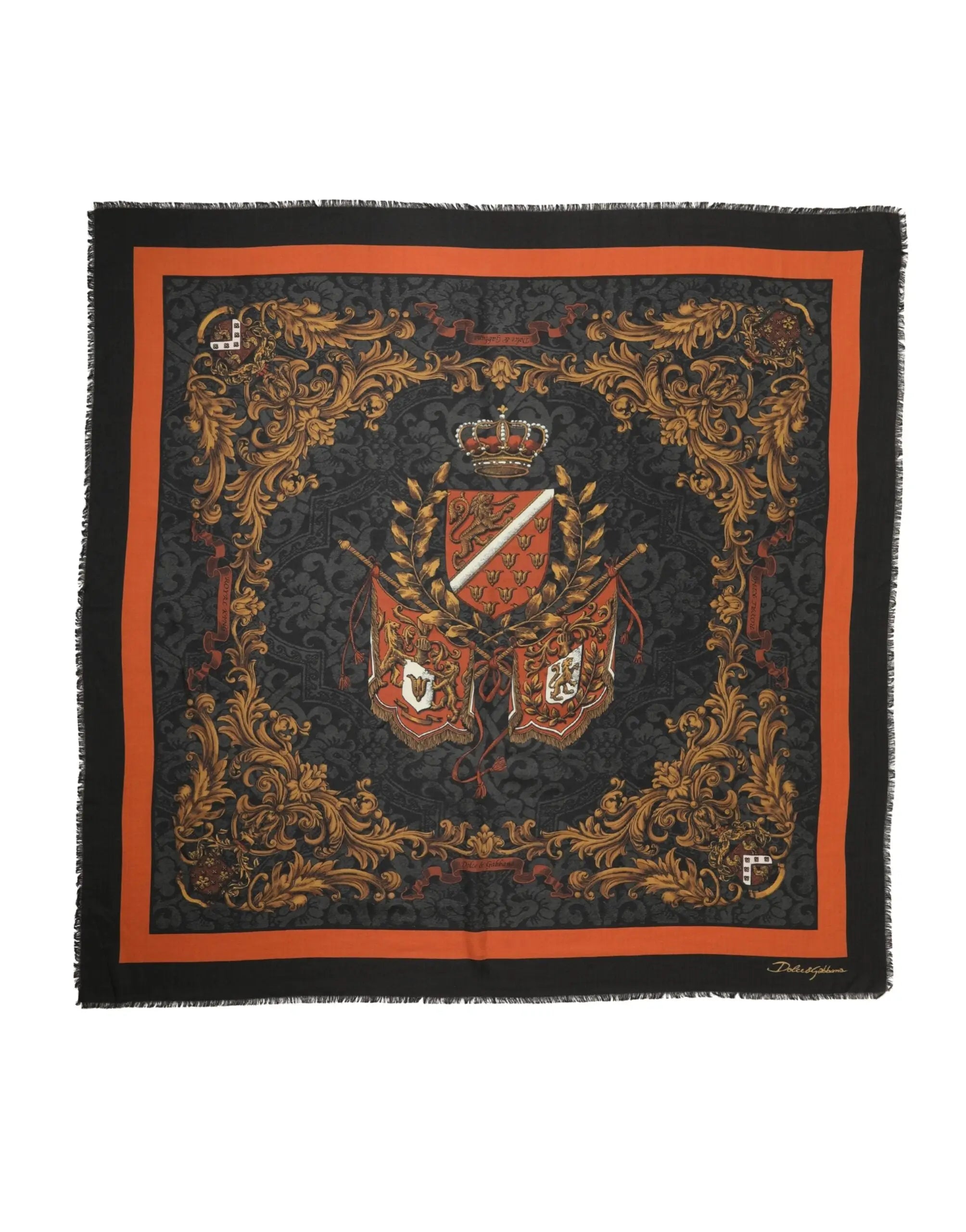 Écharpe homme dolce & gabbana en cachemire multicolore avec motif blason or sur fond noir et orange 272cm x 132cm