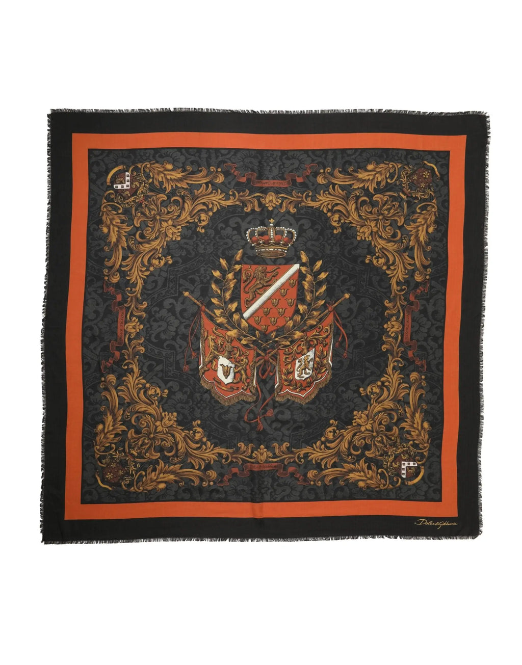 Écharpe homme dolce & gabbana en cachemire noire et orange avec imprime blason orné de détails dorés